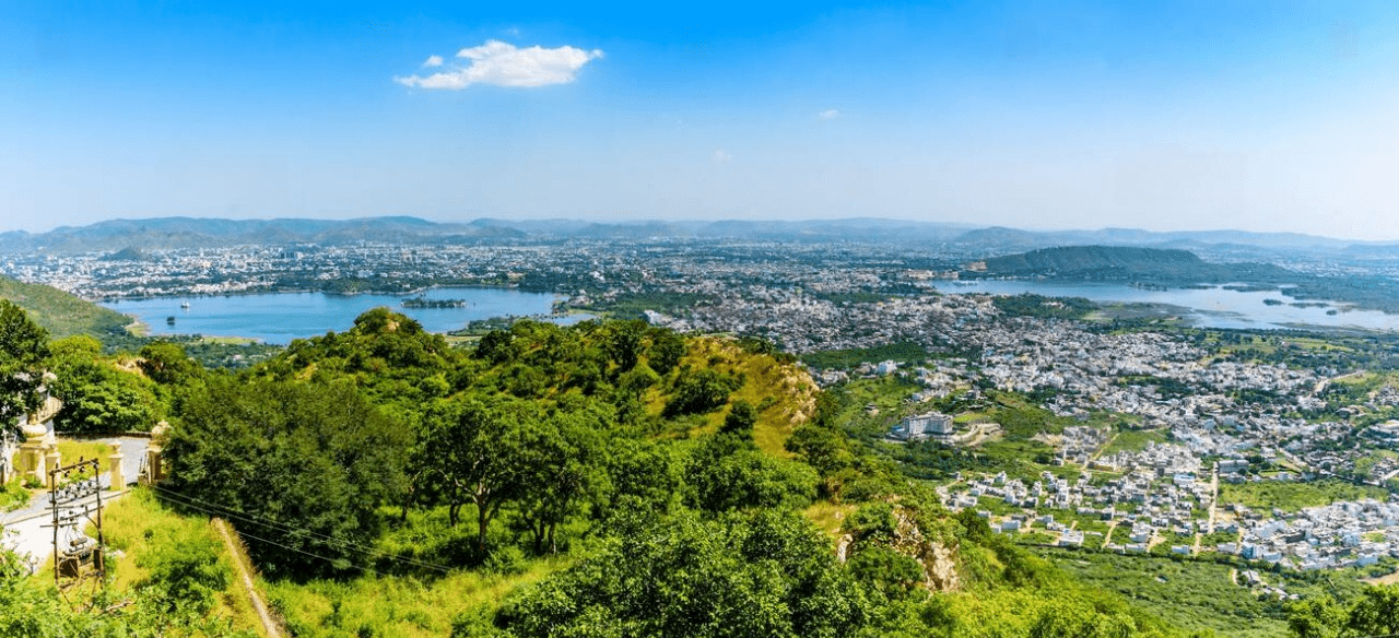 The beautiful view of Udaipur City, Lake Pichola & Fateh Sagar Lake from the Sajjangarh Fort Udaipur.