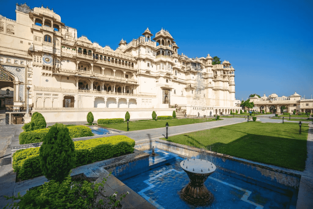 Manek Chowk at City Palace Udaipur was used for public meetings in history and is now used for a light & sound show.