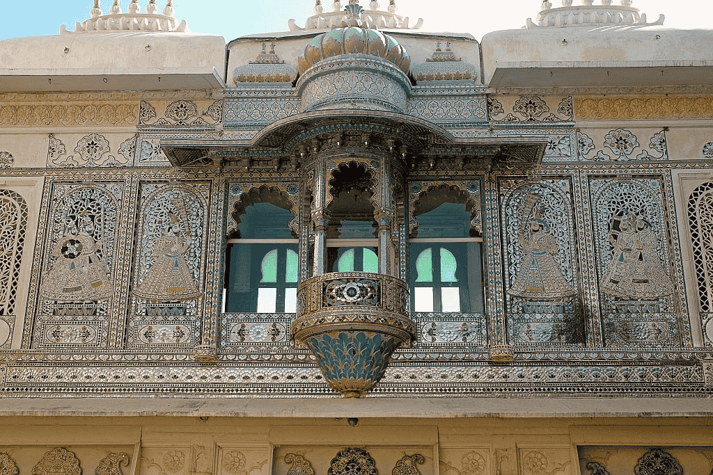 Mayur Chowk at City Palace Udaipur. The walls of Mayur Chowk are made up of peacock designs.