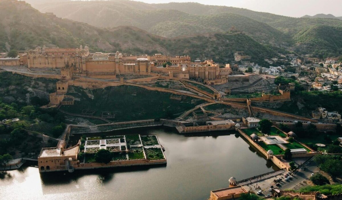 Aerial Shot of Amber Fort, Maota Lake, Rajasthan, India